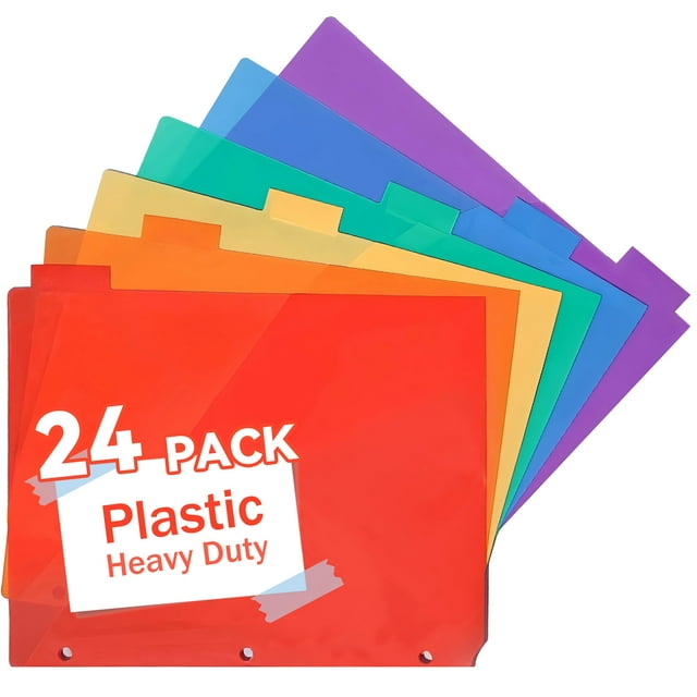 AGCAN 24 Pcs 3 Ring Binder Dividers with Tabs, Plastic File Dividers Binder Index Dividers with One Front Pocket and Tab, Multicolor, AGCAN Letter Size (9.8×11.2 Inch)